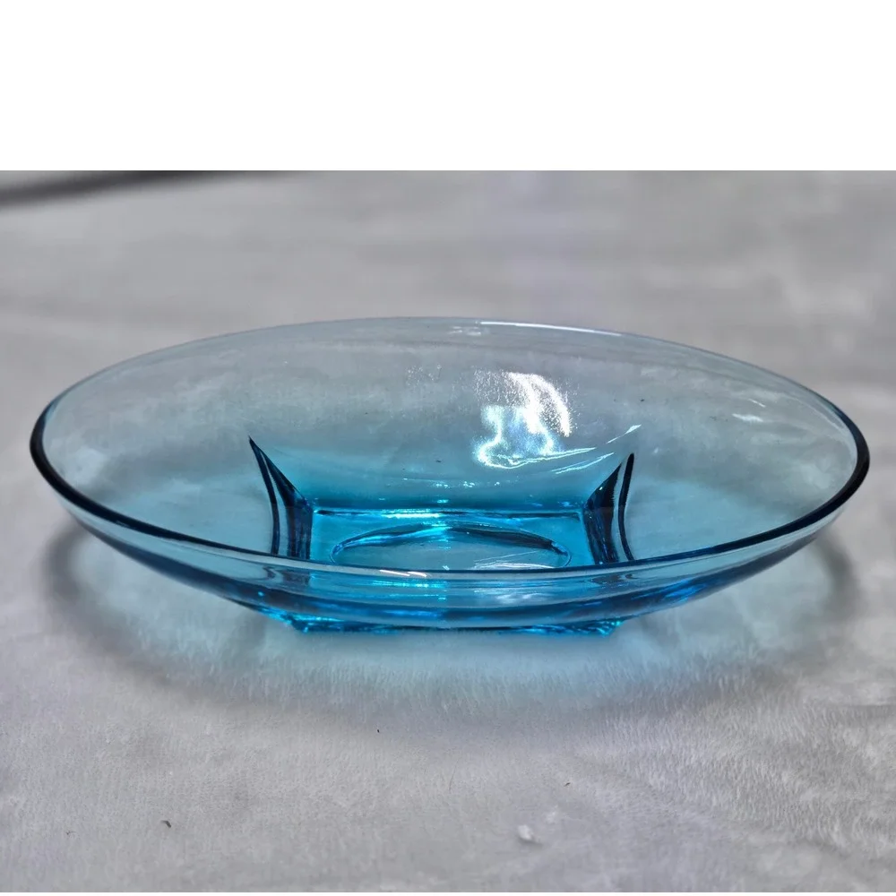 Vintage Hazel Atlas Capri Azure Blue Glass Oval Bowl MCM Colonial Footed Dish